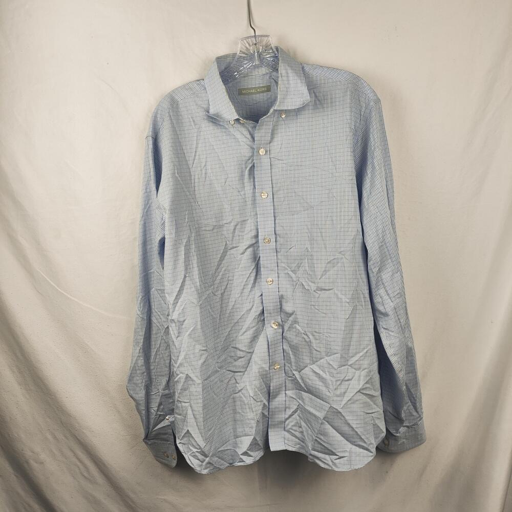 Michael Kors Shirt Mens 16.5 36/37 Blue Check Non Iron Dress Woven Business